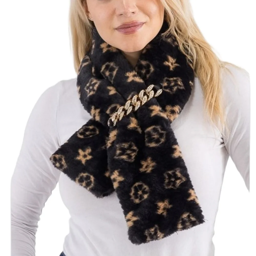 Flower Monogram Print Black Faux Fur Oblong Scarf w Bling Chain Detail